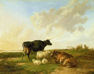 Landschaft mit Kühen und Schafen, 1850
